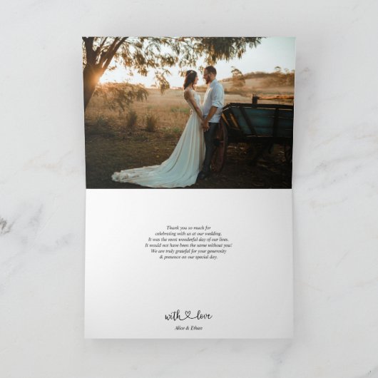 Minimale foto-bruiloft met hartscript bedankkaart (Binnen)