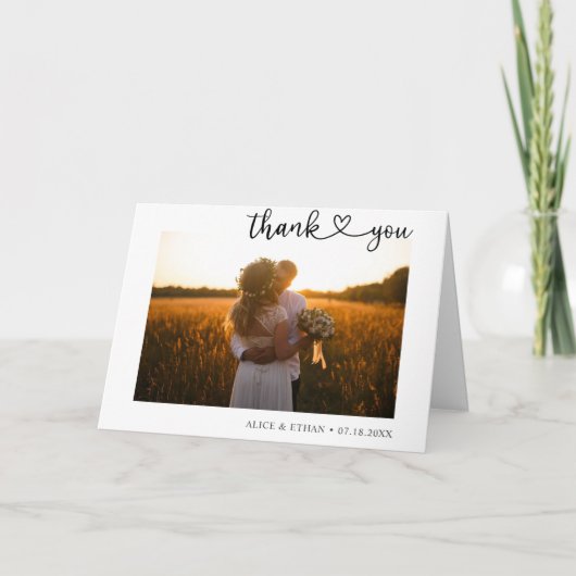 Minimale foto-bruiloft met hartscript bedankkaart (Voorkant)