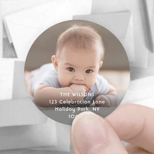 Minimale foto- en witte tekst retour adreslabels ronde sticker
