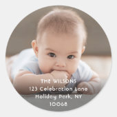 Minimale foto- en witte tekst retour adreslabels ronde sticker (Voorkant)