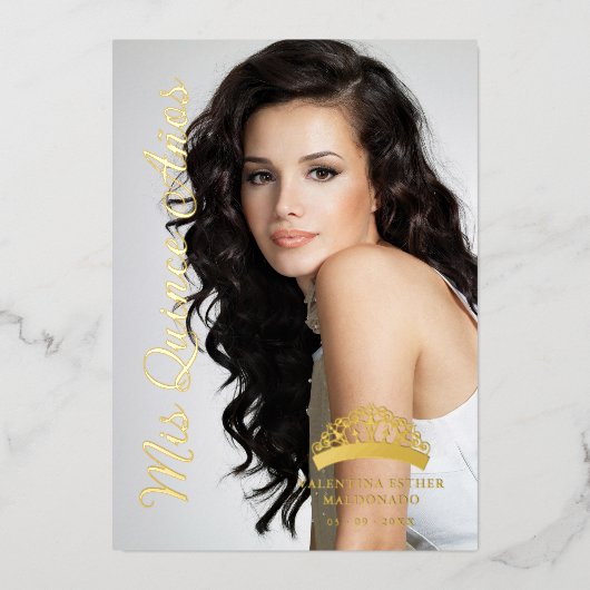 Minimale foto-Fancy kalligrafie bij Crown Quinceañ Folie Uitnodiging (Voorkant)