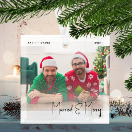 Minimale foto gehuwd en grof zwart LGBTQ-script Glas Ornament