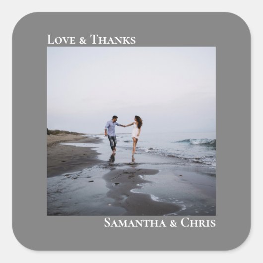 Minimale foto grijze liefde en Bedankt bruiloft Vierkante Sticker (Voorkant)