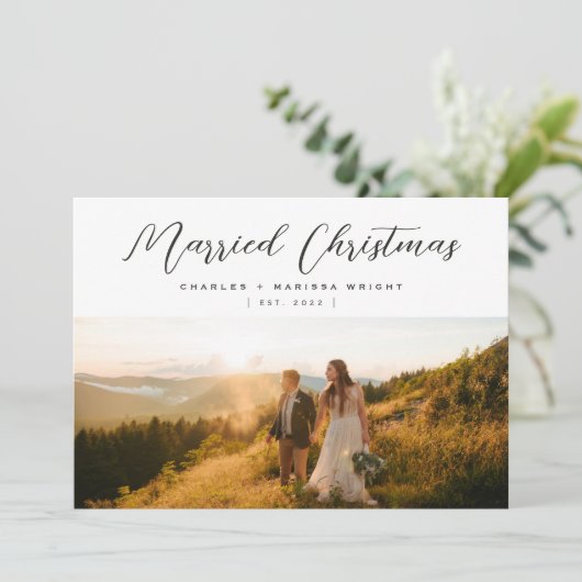 Minimale foto met Elegant-gehuwd kerstscript Feestdagenkaart (Staand voorkant)