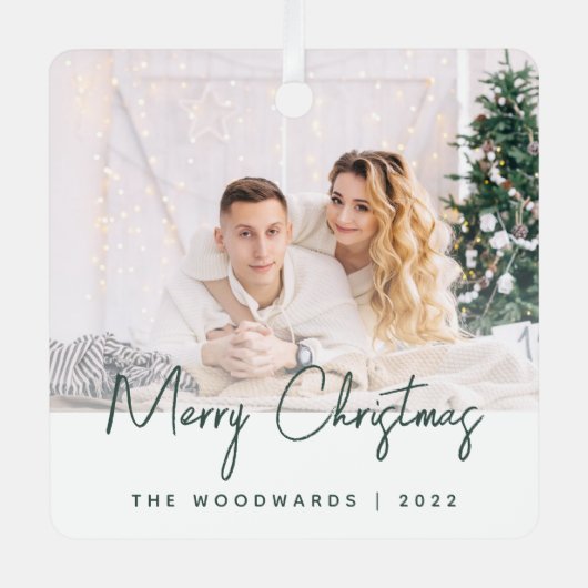 Minimale foto met kerstgroen script metalen ornament (Voorkant)