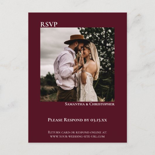 Minimale foto Modern Burgundy Wedding RSVP Briefkaart (Voorkant)