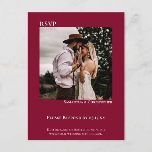 Minimale foto Modern Cranberry Red Wedding RSVP Briefkaart (Voorkant)