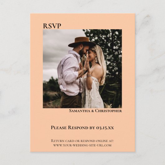 Minimale foto Modern Koral Peach Wedding RSVP Briefkaart (Voorkant)