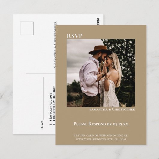 Minimale foto Modern Sandy Tan Wedding RSVP Briefkaart (Voorkant / Achterkant)
