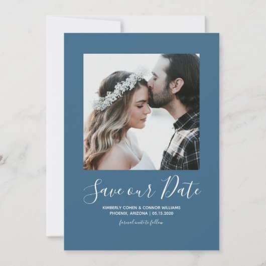 Minimale foto Opslaan Datum | Blauw Save The Date (Voorkant)