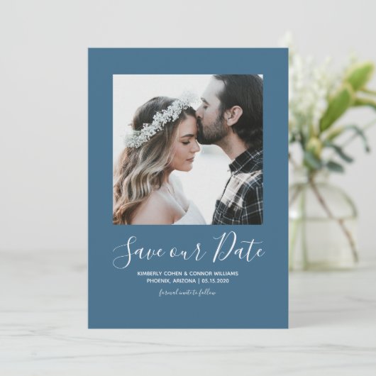 Minimale foto Opslaan Datum | Blauw Save The Date (Staand voorkant)