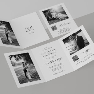 Minimale foto QR-code RSVP details witte trouwdag Drieluik Uitnodiging