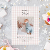 Minimale foto roze Gingham 1st Birthday Invite Kaart