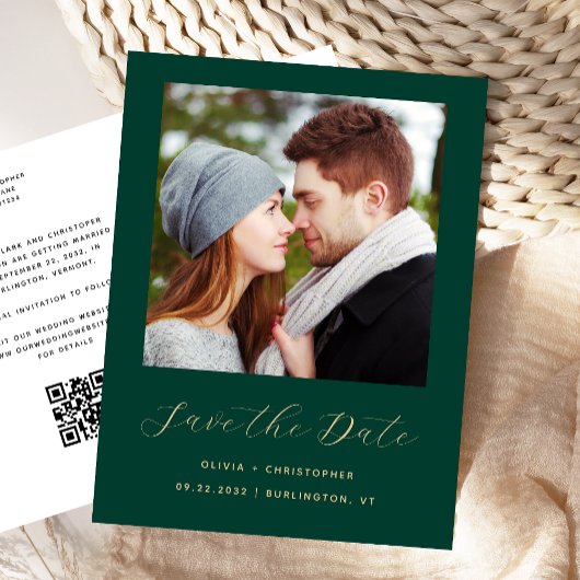 Minimale foto smaragdgroene QR-code Save the Date Aankondigingskaart