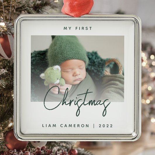 Minimale foto van baby's eerste kerstgroenboek metalen ornament