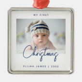 Minimale foto van baby's eerste kerstmars blauw metalen ornament (Voorkant)