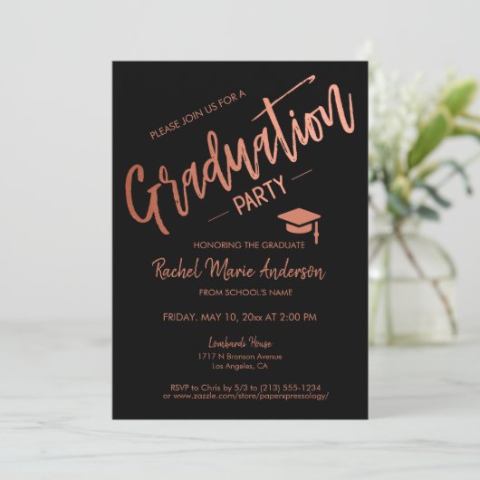 Minimale foto van Black and Roos Gold Graduparty Kaart (Staand voorkant)