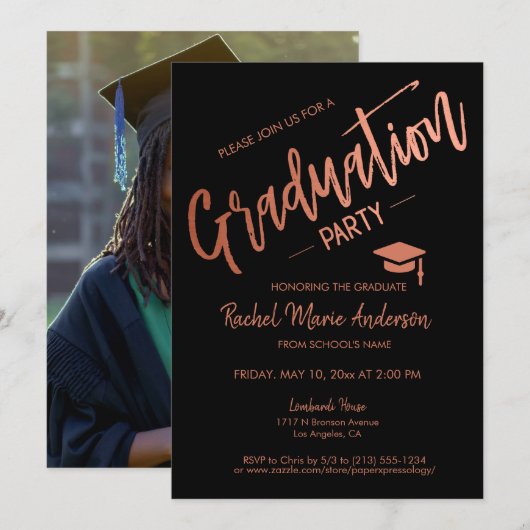 Minimale foto van Black and Roos Gold Graduparty Kaart (Voorkant / Achterkant)