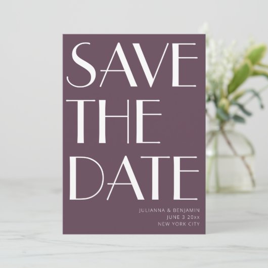 Minimale foto van Elegant Eggplant Art Deco Save The Date (Staand voorkant)