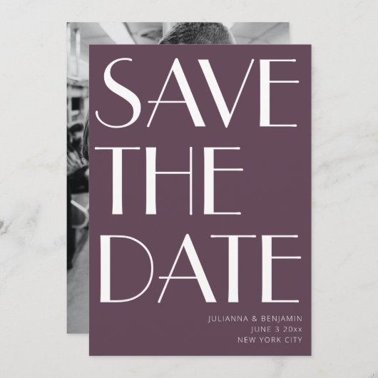 Minimale foto van Elegant Eggplant Art Deco Save The Date (Voorkant / Achterkant)