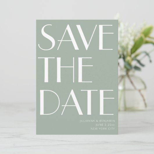 Minimale foto van Elegant Sage Green Art Deco Save The Date (Staand voorkant)
