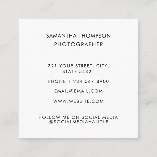 Minimale foto van moderne fotograaf QR-code Vierkante Visitekaartje (Achterkant)