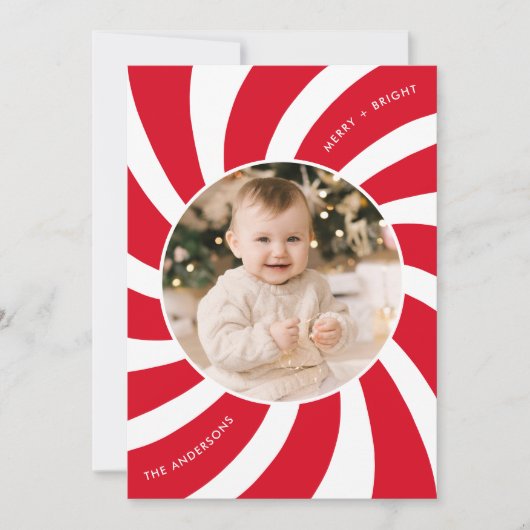 Minimale foto van rode en witte peppermint feestdagenkaart (Voorkant)