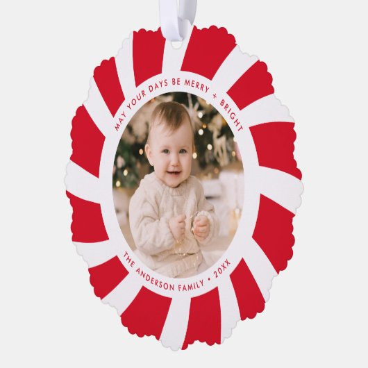 Minimale foto van rode en witte peppermint ornament kaart (Links)