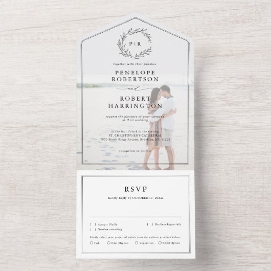 Minimale foto van zwarte en witte moderne bruiloft all in one uitnodiging (Binnen)