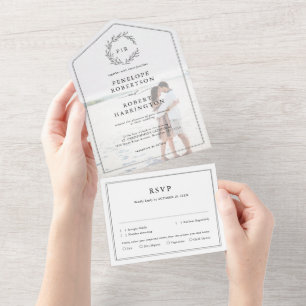 Minimale foto van zwarte en witte moderne bruiloft all in one uitnodiging