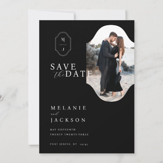 Minimale foto voor zwart-wit en aangepast monogram save the date (Voorkant)