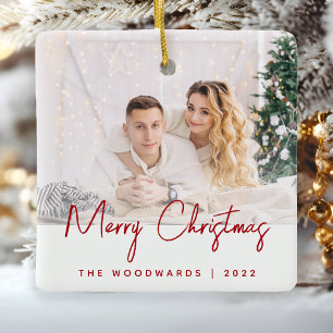 Minimale foto vrolijk kerstfeest rode script keramisch ornament