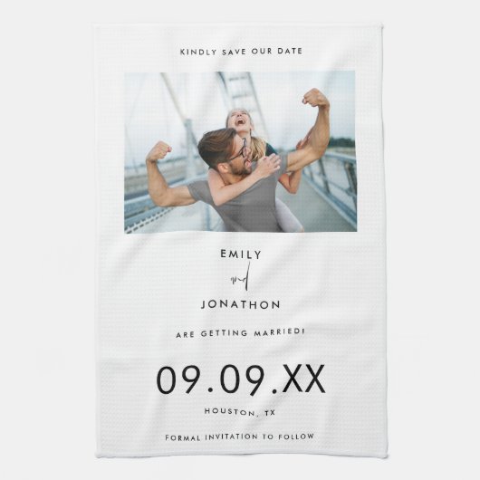 Minimale foto Zwart Typografie Wit Bewaar de datum Theedoek (Verticaal)