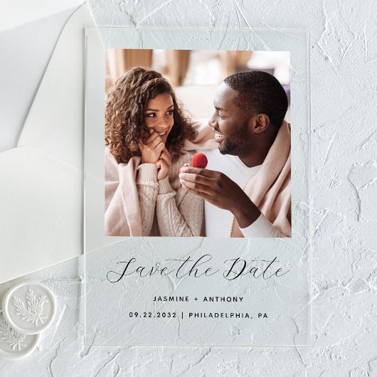 Minimale Foto Zwarte Script Trouw Save the Date Acryl Uitnodigingen