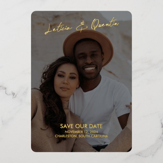 Minimale fotobruiloft bespaart datum folie uitnodiging (Voorkant)