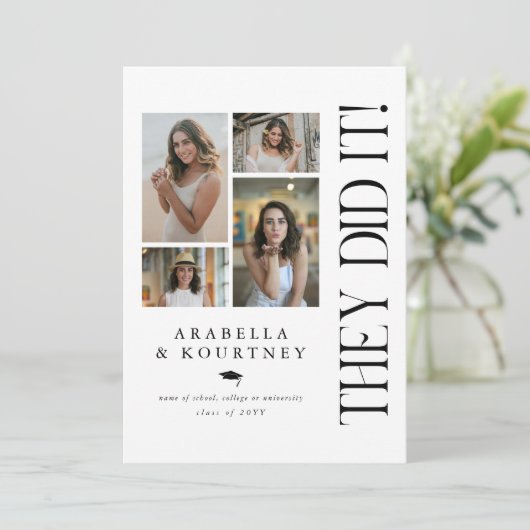 Minimale fotocollage dubbele afstudeerfeest kaart (Staand voorkant)
