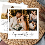 Minimale fotocollage-liefde en Bedankt-bruiloft Bedankkaart<br><div class="desc">Eenvoudig minimalistisch Elegant "Love and bedankt" Script 3 Foto Collage custom personalized Wedding Dankuwel kaart. Stijlvolle bruiloft bedankt je sjabloon met drie (3) foto op de voorkant (foto-collage op het raster) en één foto op de achterkant. Met de tekst "Liefde en bedankt" in een handgeschreven lettertype met lettertype, dat op...</div>