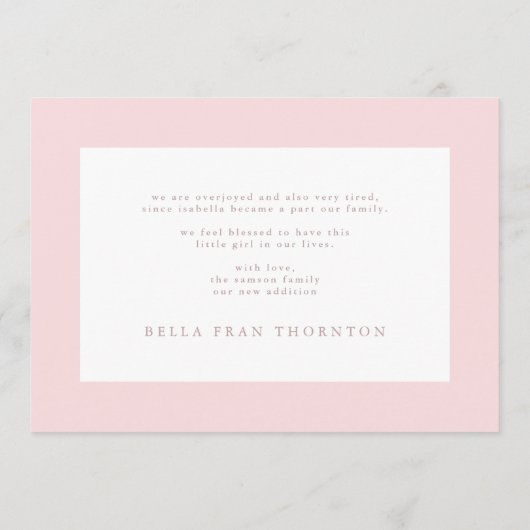 Minimale fotocollage roze geboorte aankondiging (Achterkant)