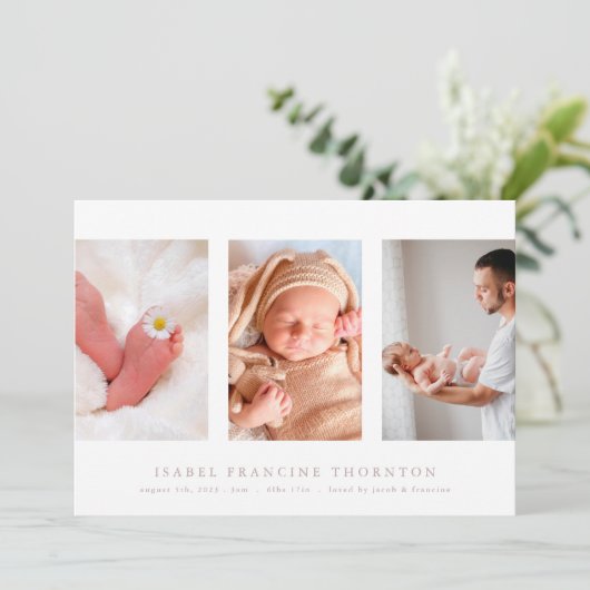Minimale fotocollage roze geboorte aankondiging (Staand voorkant)