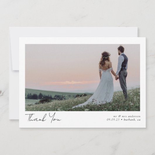Minimale fotokalligrafie bruiloft bedankkaart (Voorkant)