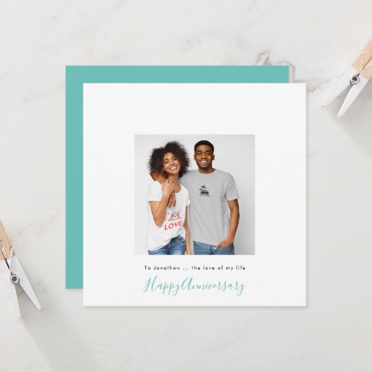 Minimale fotonaam Aangepast Blauwgroen Jubileum Kaart (Voorkant / Achterkant in situ)