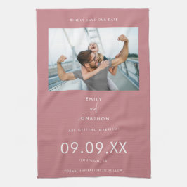 Minimale fototekst Dusty Pink Save the date Theedoek