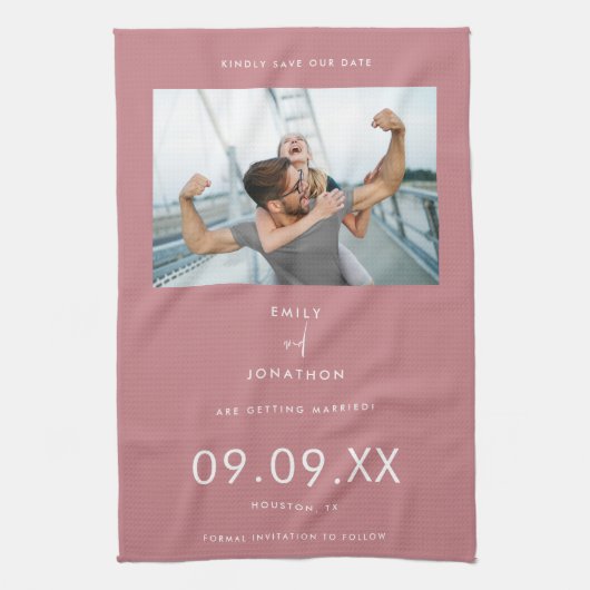 Minimale fototekst Dusty Pink Save the date Theedoek (Verticaal)