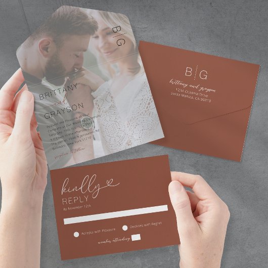 Minimale Fototerracotta Bruiloft All In One Uitnodiging