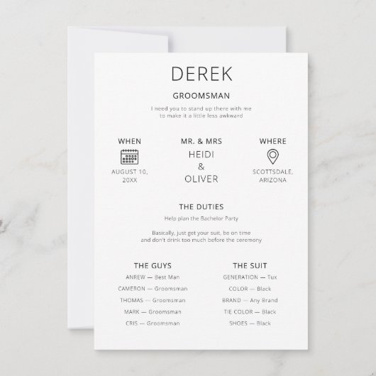 Minimale fotovoorstel Aanvraag Groomsman Info Kaar Kaart (Achterkant)
