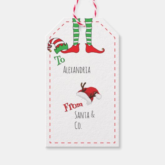 Minimale Fun Feestelijke Elf Legs en Santa Hat Cadeaulabel (Voorkant)