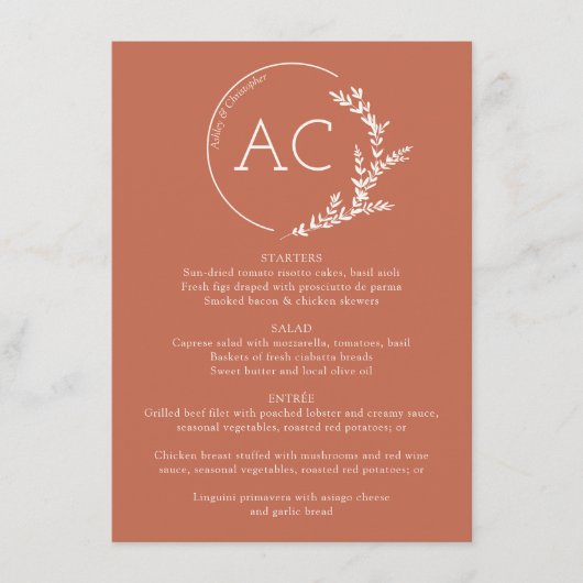 Minimale gebladerte Lijst Koper Rode bruiloft Rece Menu (Voorkant)