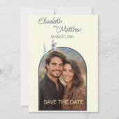 Minimale Gebogen Blauwe Bloemige Crème Foto Bruilo Save The Date (Voorkant)