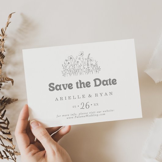 Minimale gedempte grijze wilde bloem horizontale t save the date