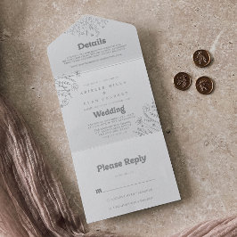 Minimale gedempte grijze wilde bloemen bruiloft    all in one uitnodiging